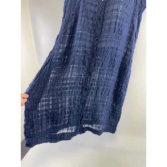 Eileen Fisher Linen Windowpane Gauze Dress Button Navy Short Sleeve Sheer Small - Picture 5 of 11